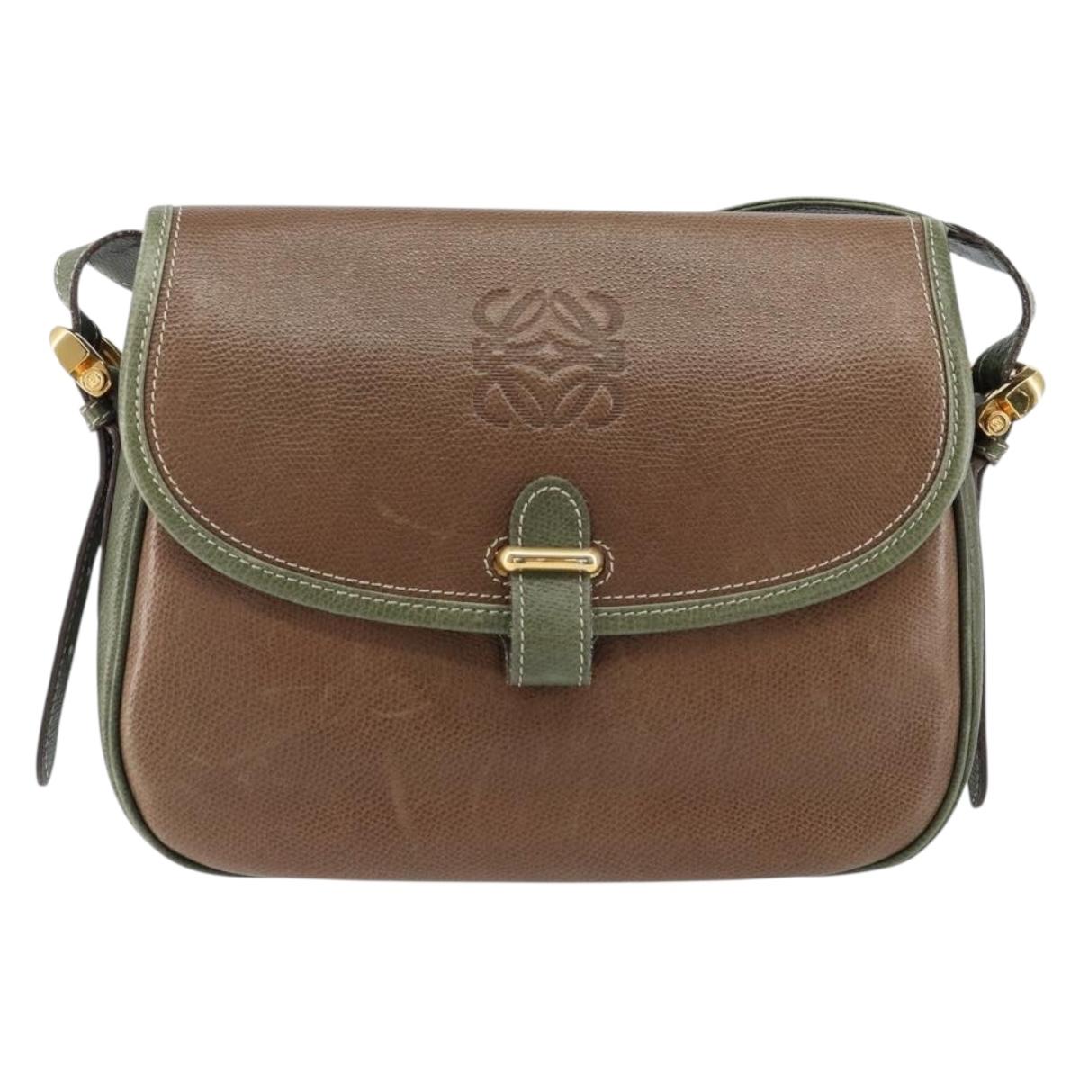 LOEWE Anagram Shoulder Bag Leather Gold Brown Auth ep11747