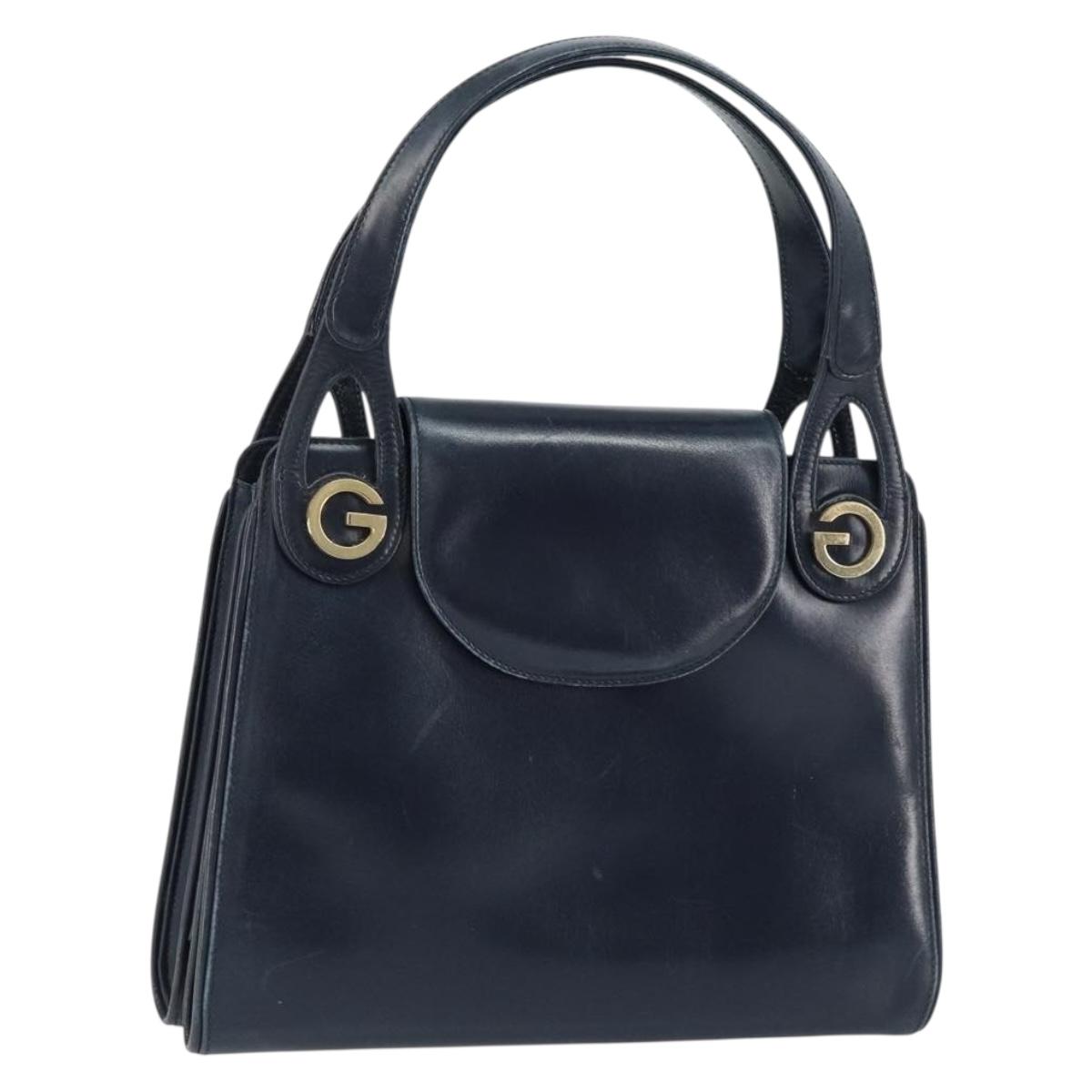 GUCCI Hand Bag Leather Navy Gold Auth ep11790