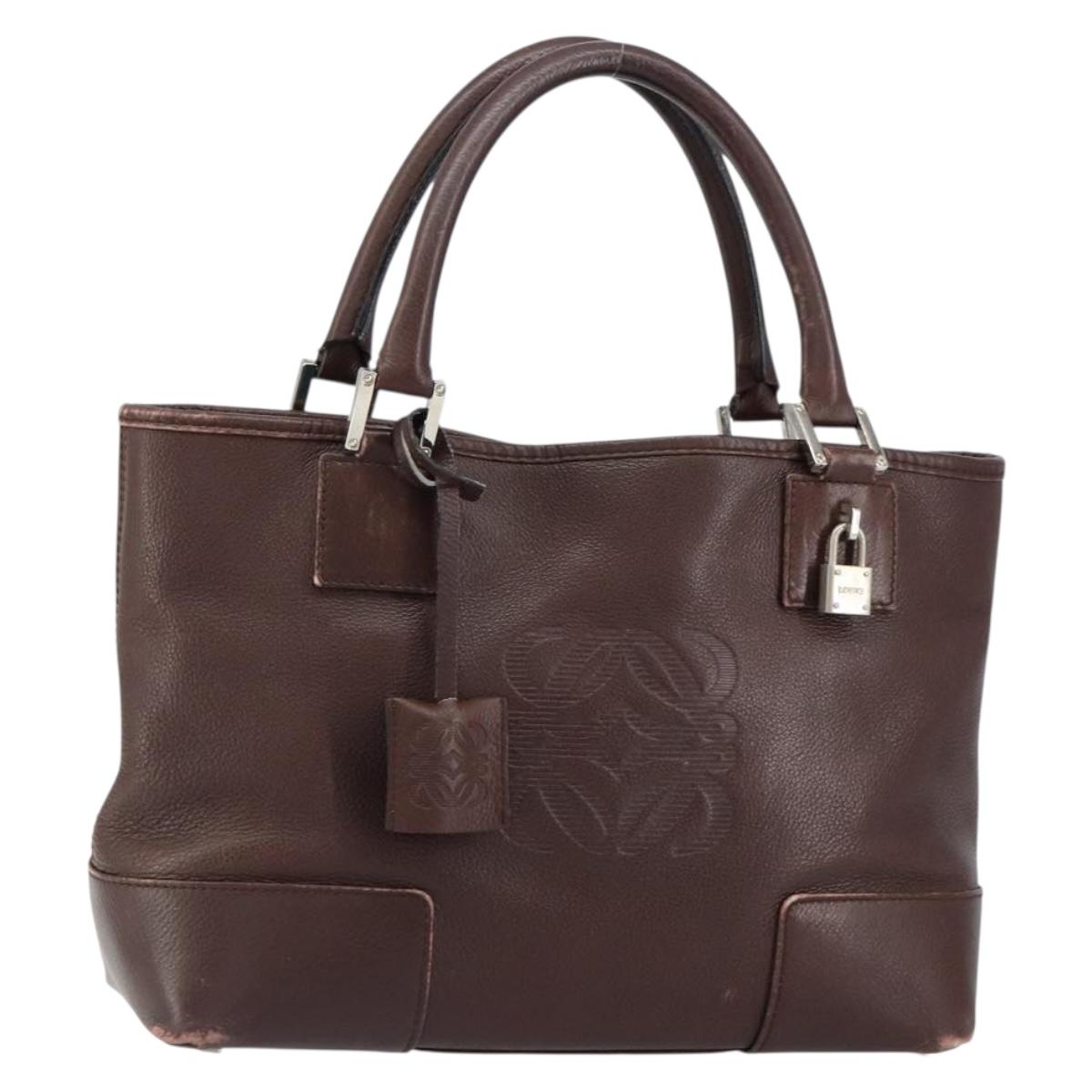 LOEWE Anagram Justa Amazona Hand Bag Leather Brown Silver Auth ep11792