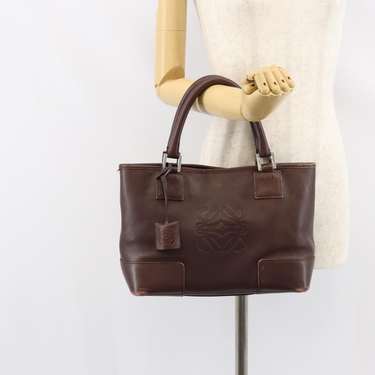 LOEWE Anagram Justa Amazona Hand Bag Leather Brown Silver Auth ep11792