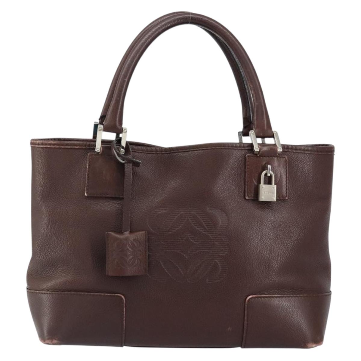 LOEWE Anagram Justa Amazona Hand Bag Leather Brown Silver Auth ep11792