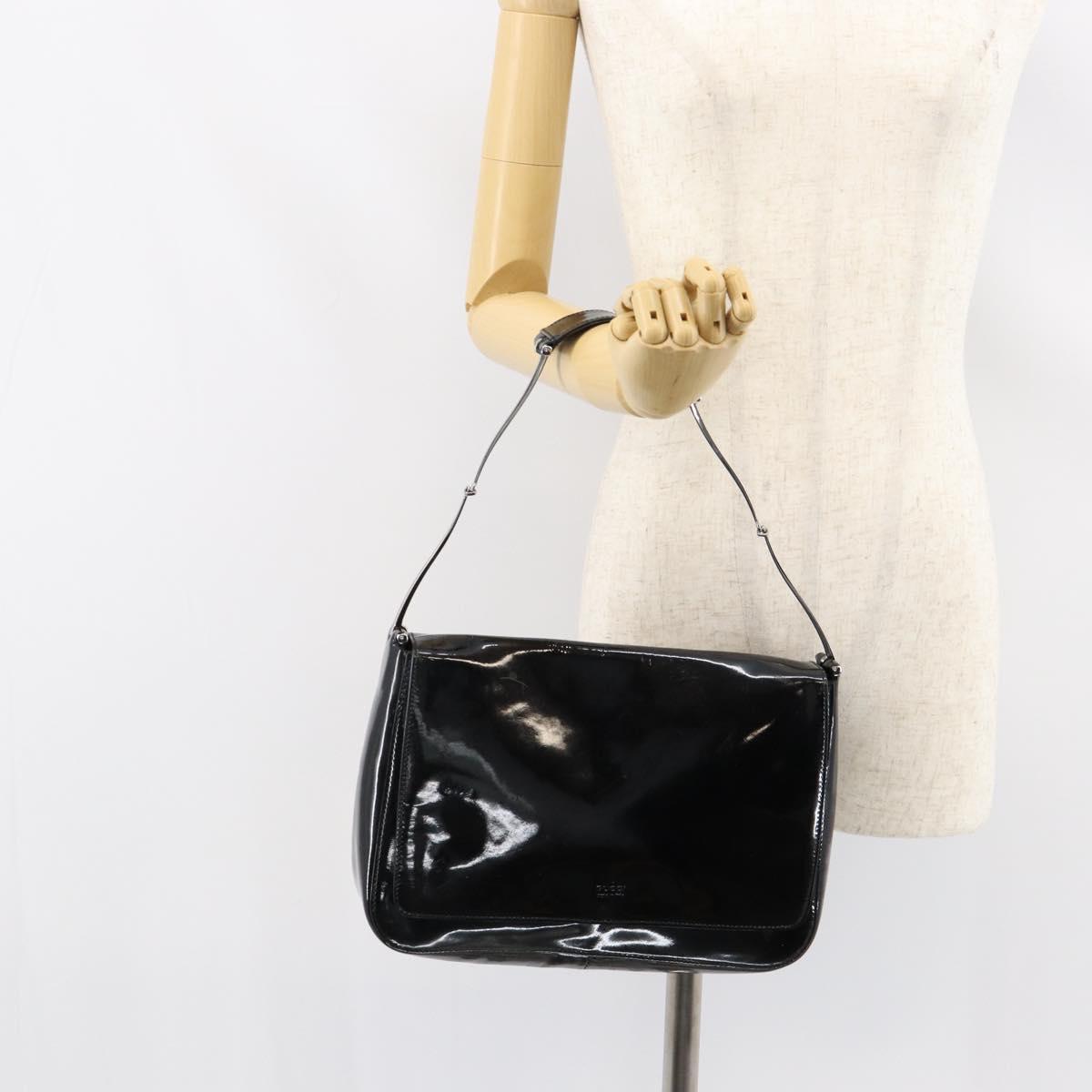 GUCCI Horsebit Shoulder Bag Enamel Black Silver Auth ep11794