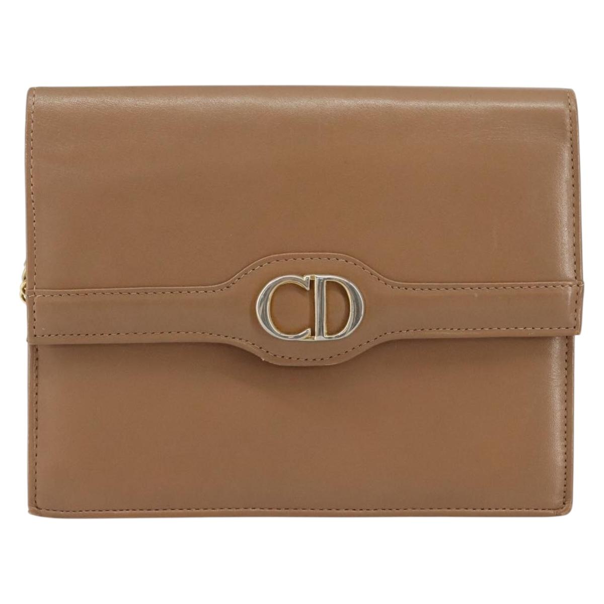 Christian Dior Chain Shoulder Bag Leather Beige Gold Auth ep11798