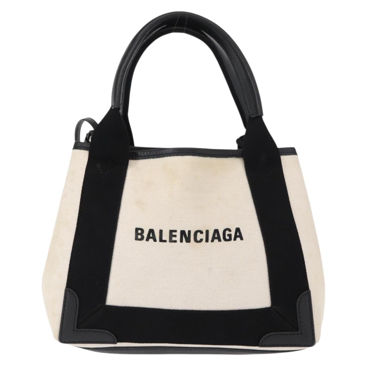 BALENCIAGA Navy Cabas Hand Bag Canvas 2way White Black 390346 Auth ep11845