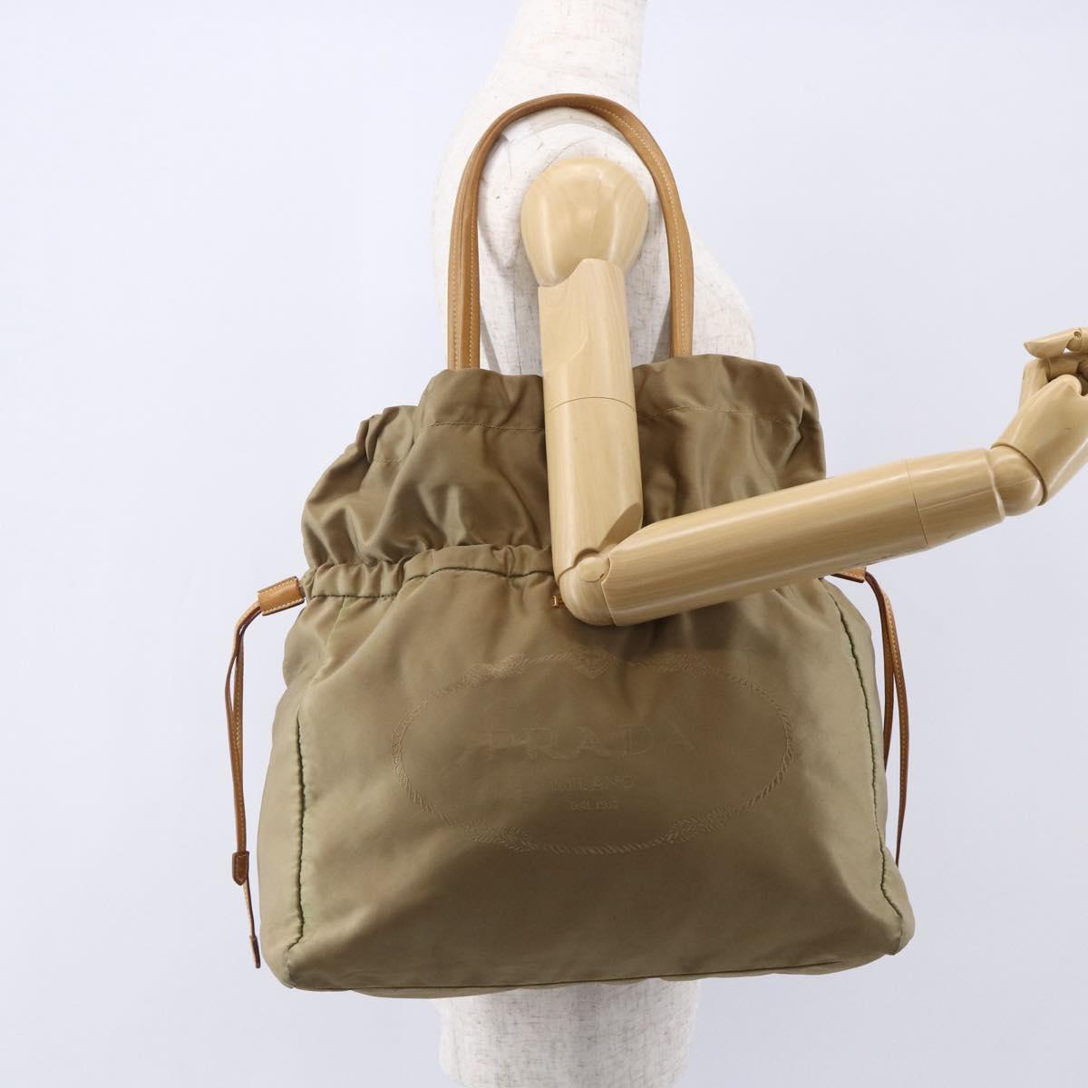 PRADA Tote Bag Nylon Leather Beige Gold Auth ep11896