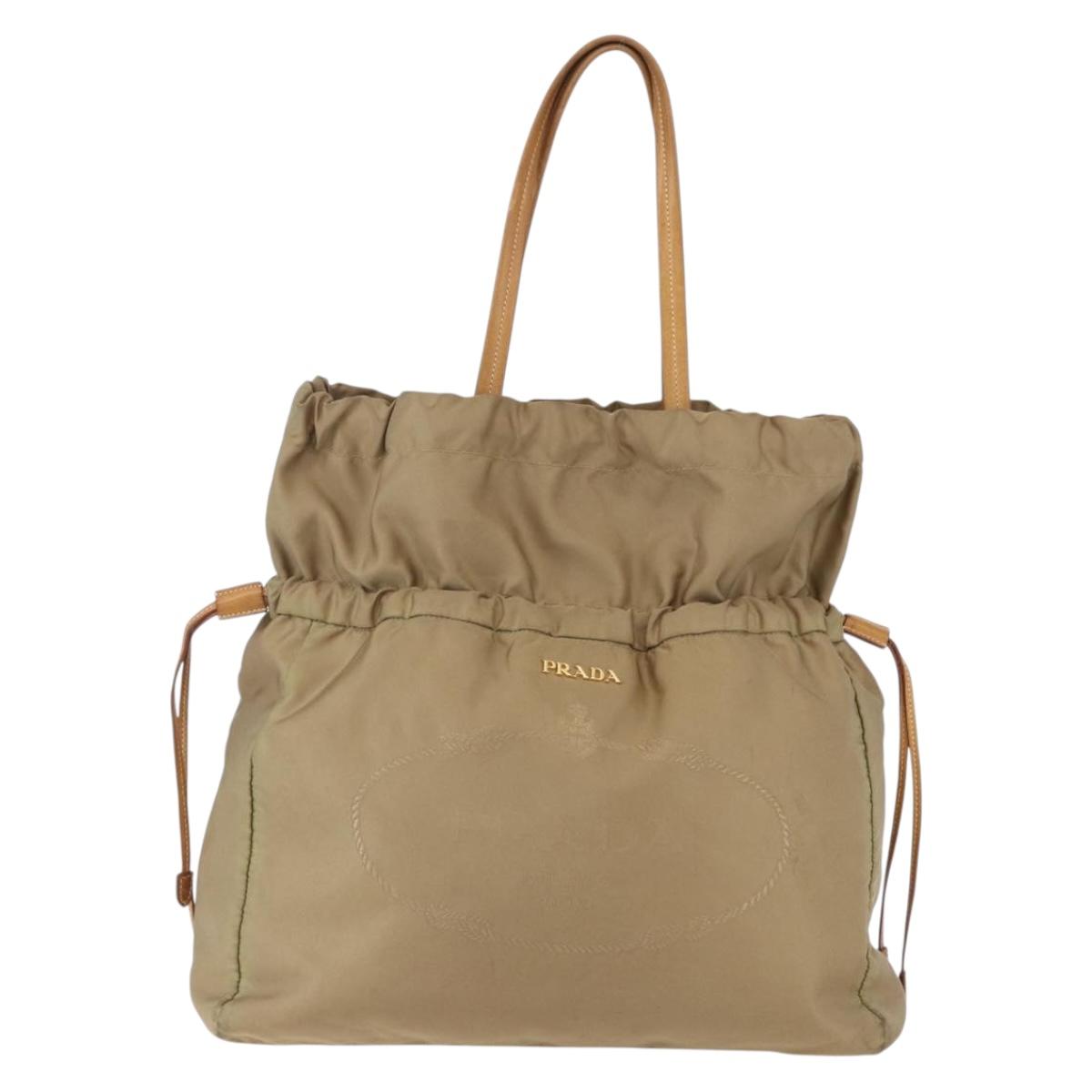 PRADA Tote Bag Nylon Leather Beige Gold Auth ep11896