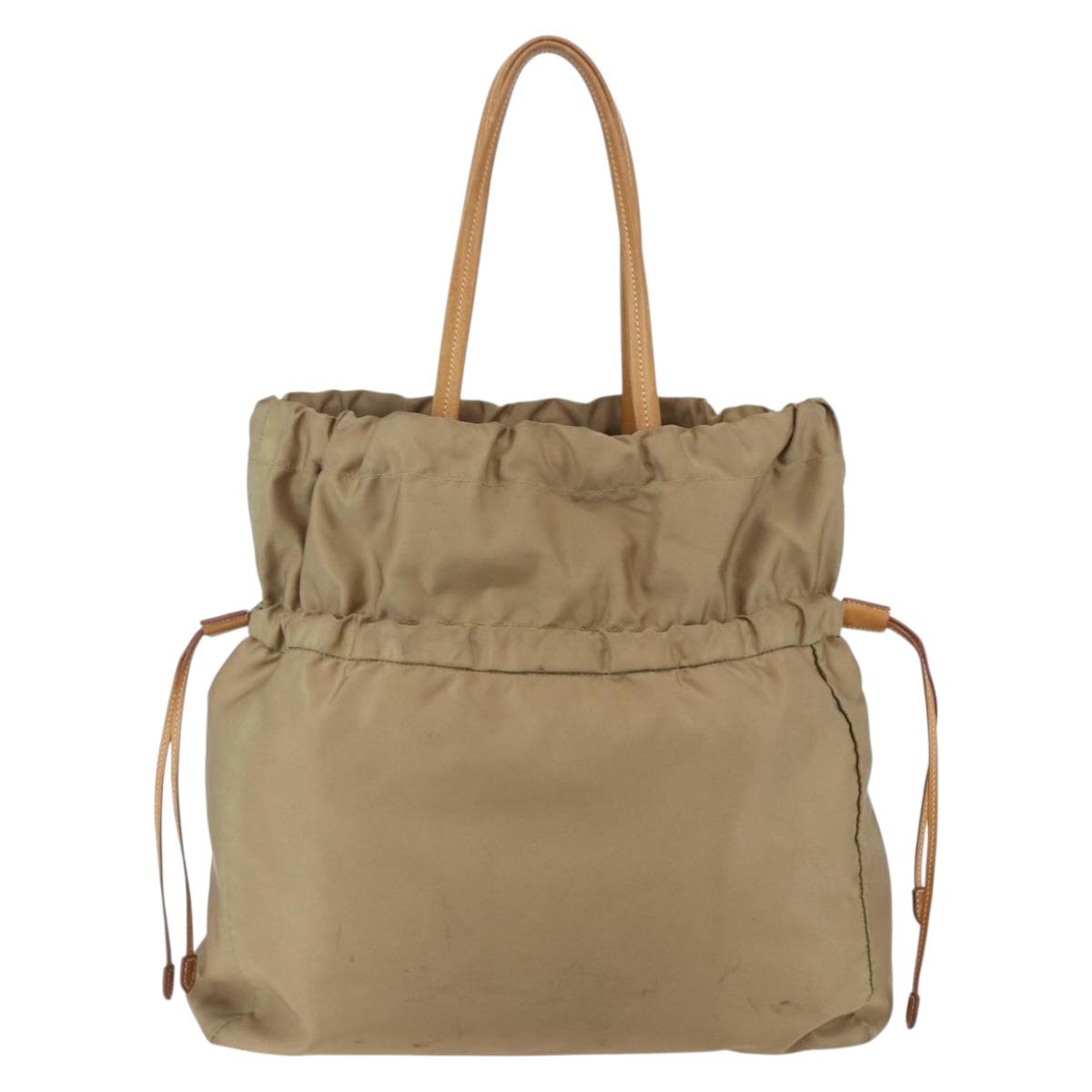 PRADA Tote Bag Nylon Leather Beige Gold Auth ep11896