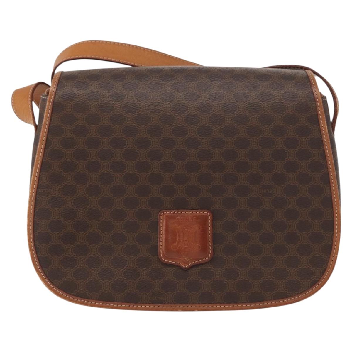 CELINE Macadam Canvas Shoulder Bag PVC Leather Brown Gold Auth ep11909