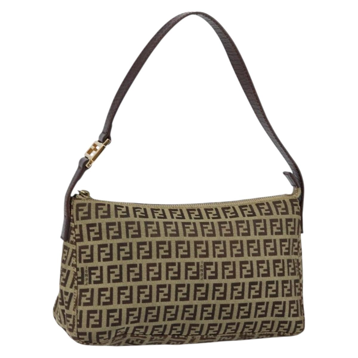 FENDI Zucchino Canvas Mamma Baguette Shoulder Bag Beige Brown gold Auth ep11910