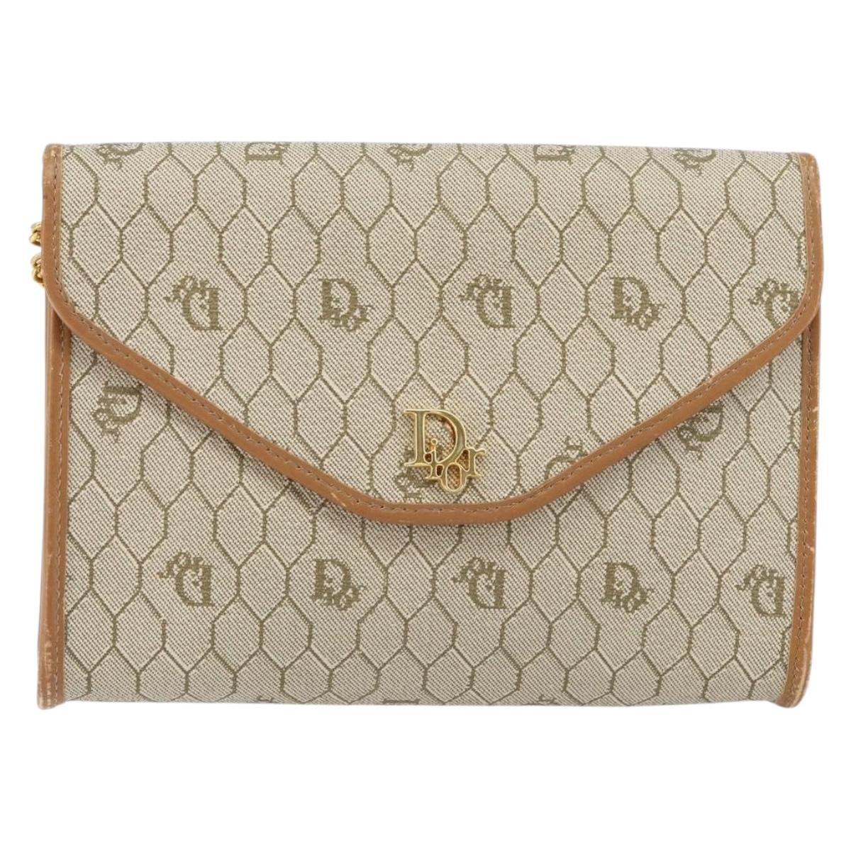 Christian Dior Honeycomb Canvas Chain Shoulder Bag PVC Beige Gold Auth ep11918