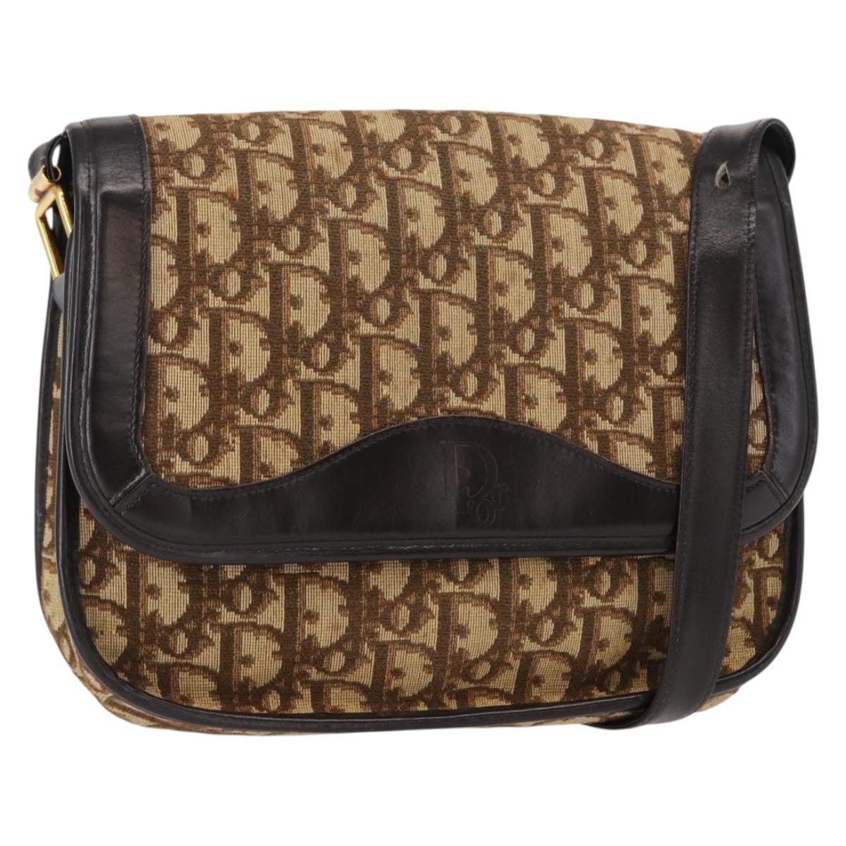 Christian Dior Trotter Canvas Shoulder Bag Beige Gold Auth ep11926