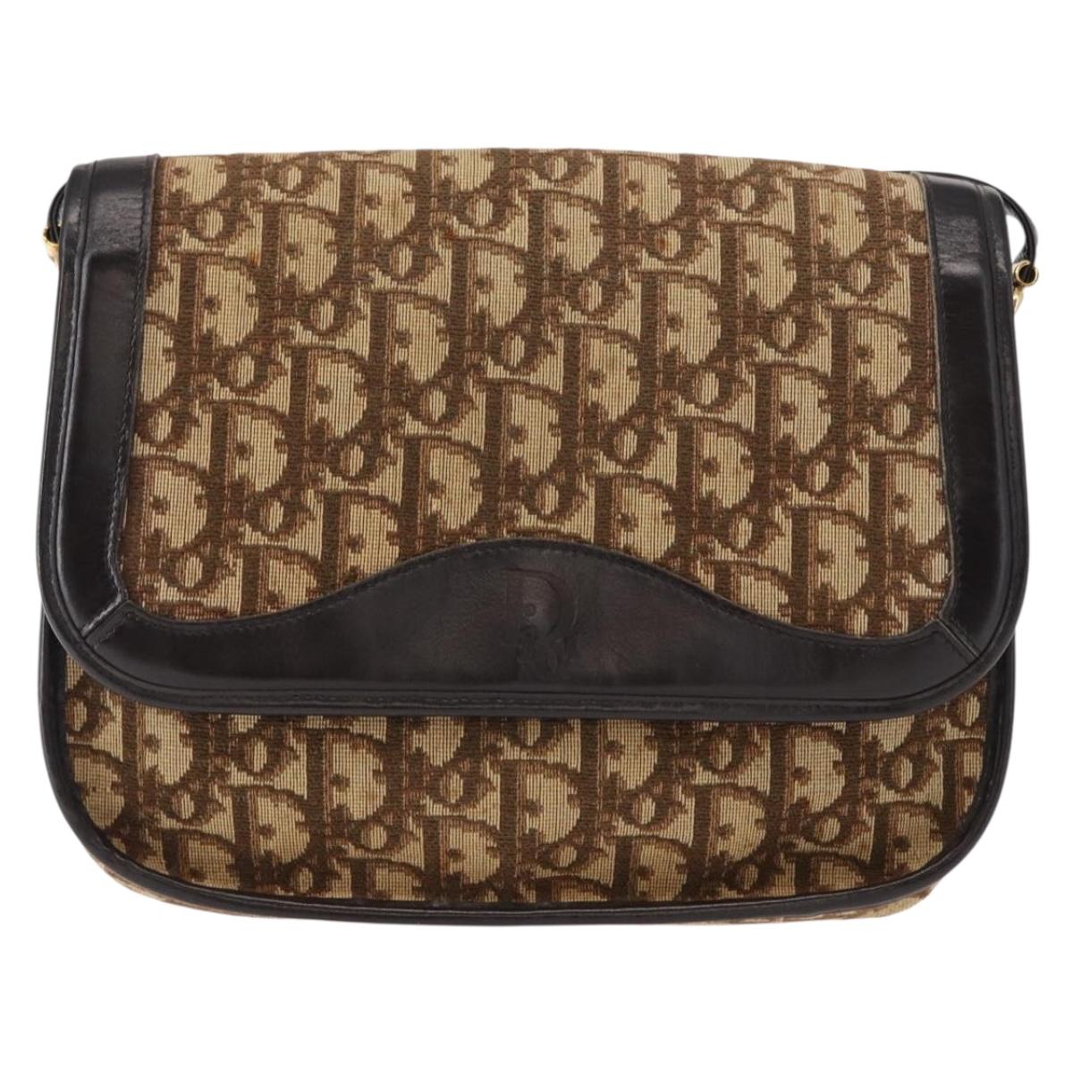 Christian Dior Trotter Canvas Shoulder Bag Beige Gold Auth ep11926