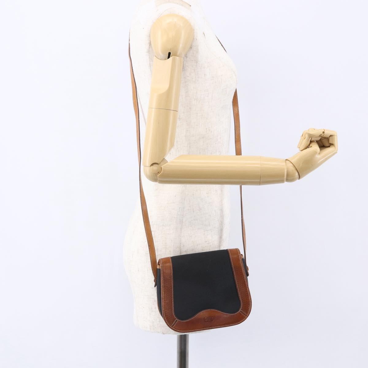 Christian Dior Shoulder Bag Nylon Leather Black Brown gold Auth ep11933