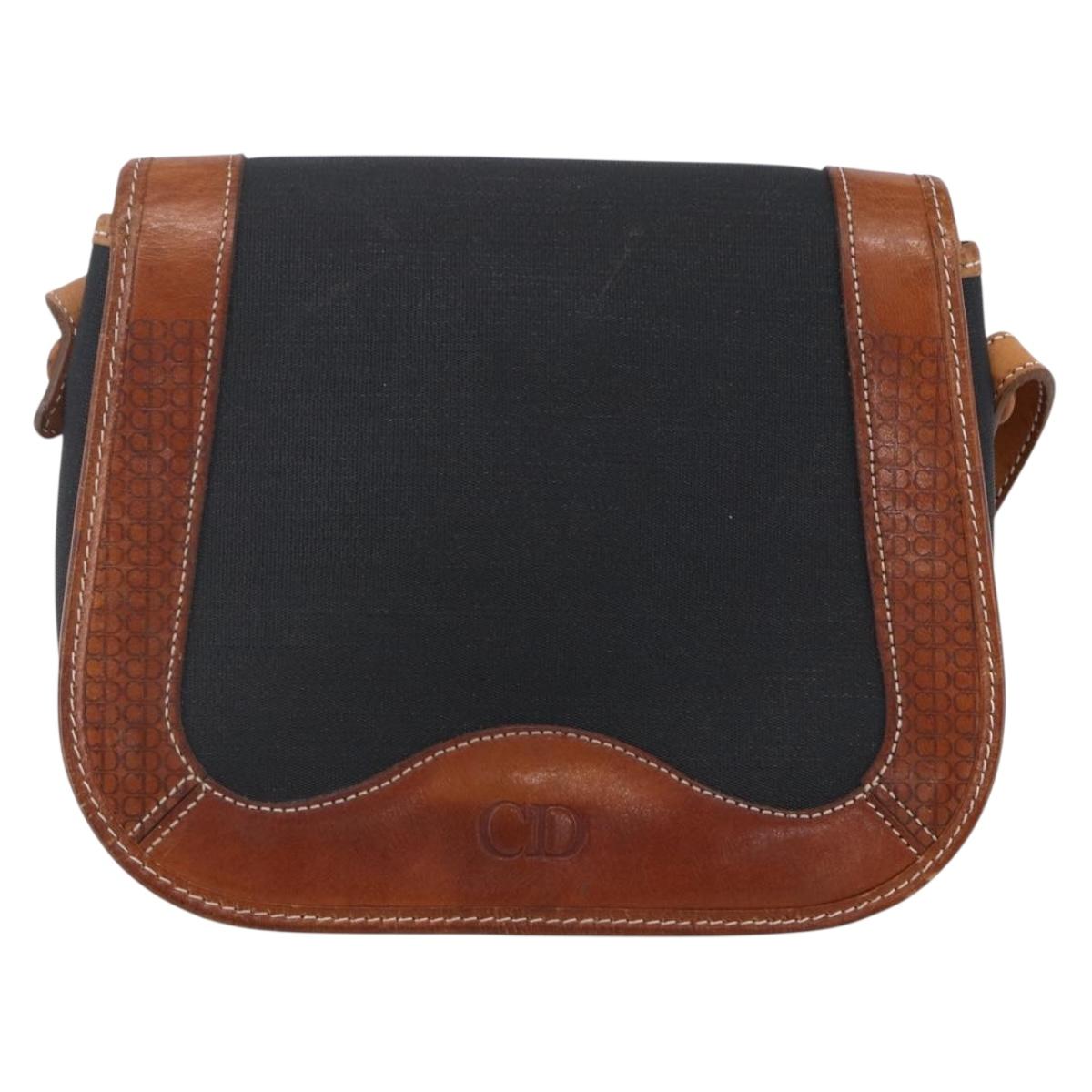 Christian Dior Shoulder Bag Nylon Leather Black Brown gold Auth ep11933