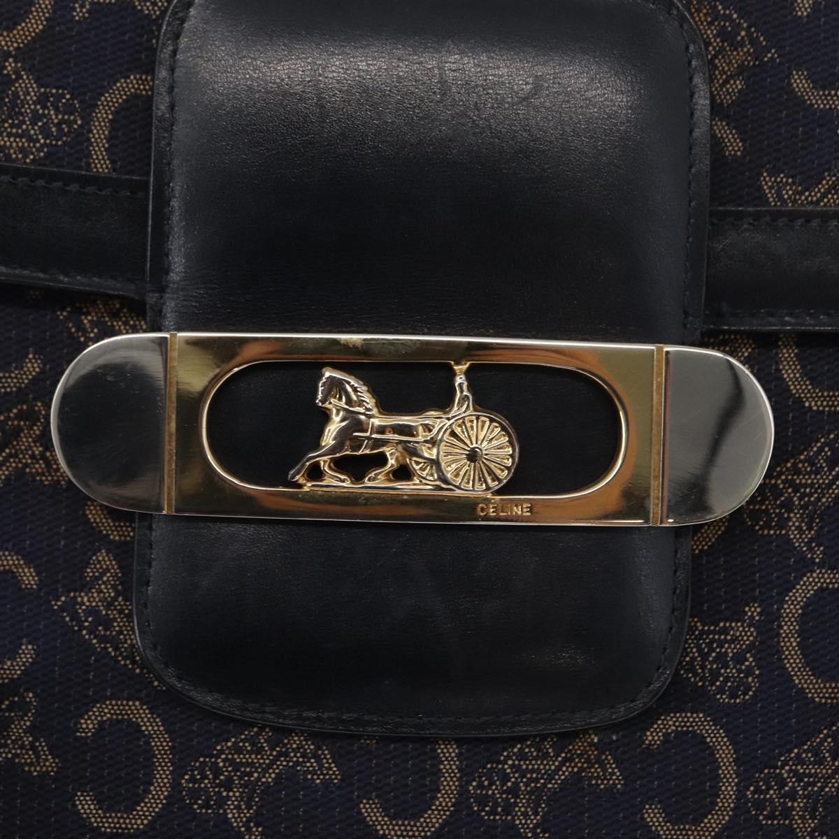 CELINE C Sulky Horse Carriage Shoulder Bag Canvas Leather Navy Gold Auth ep11975
