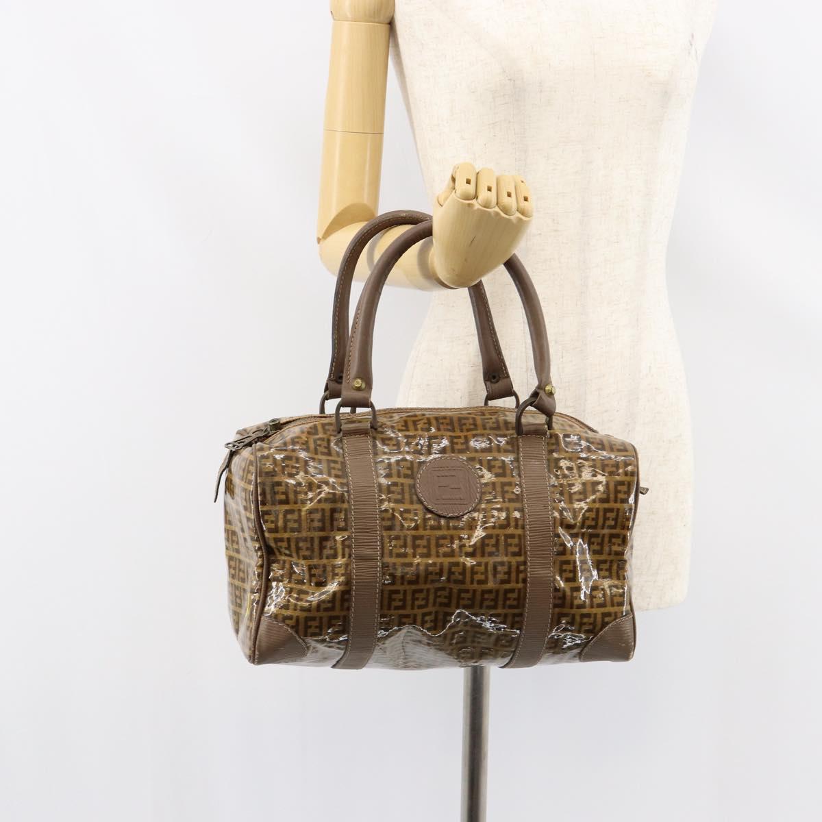 FENDI Zucchino Canvas Boston Bag Enamel Brown Auth ep11985