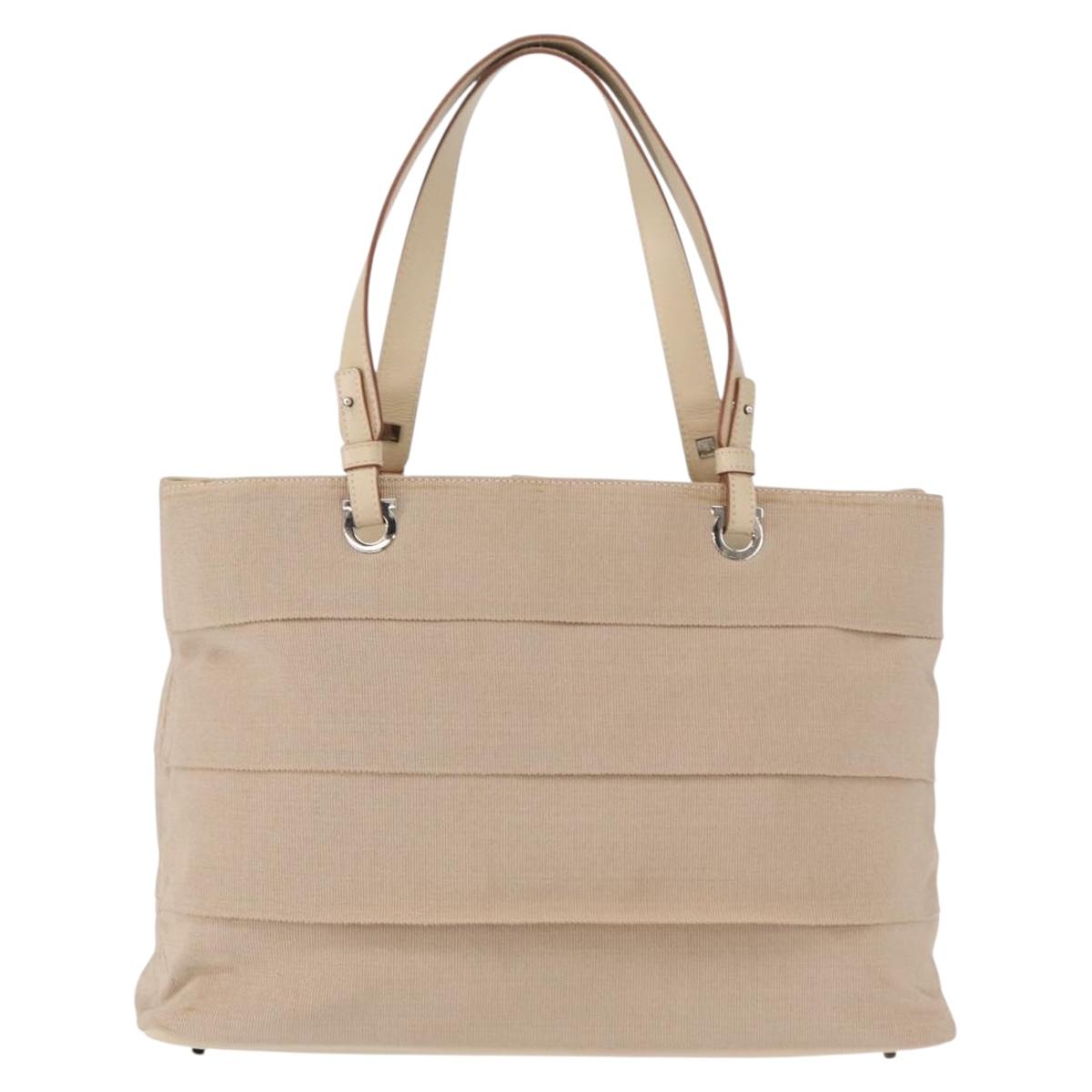 Salvatore Ferragamo Gancini Hand Bag Nylon Beige Silver Auth ep11986