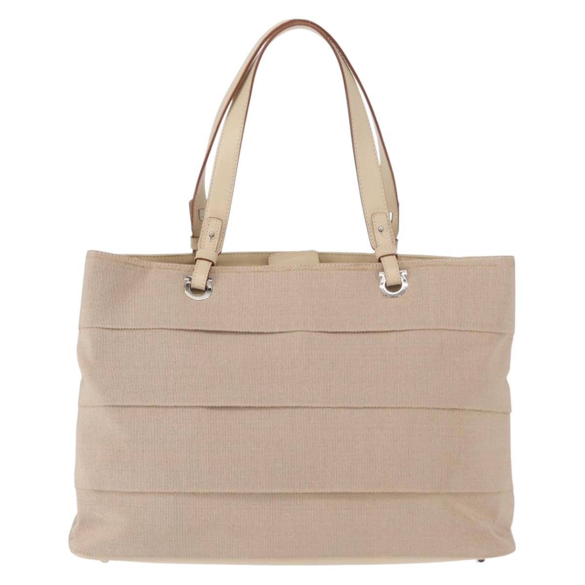 Salvatore Ferragamo Gancini Hand Bag Nylon Beige Silver Auth ep11986