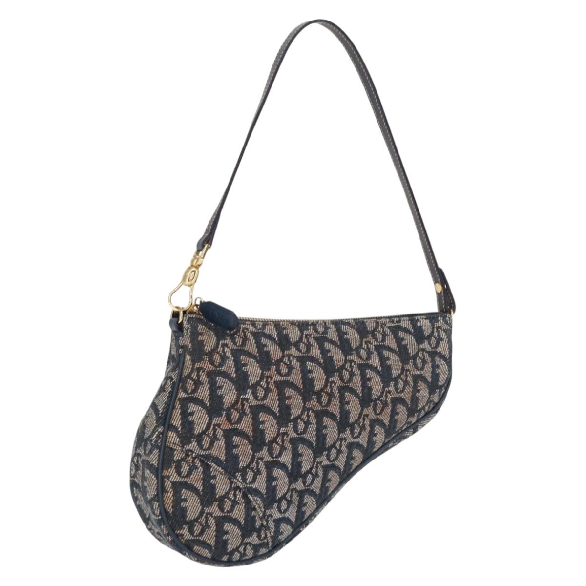 Christian Dior Trotter Canvas Saddle Pouch Navy Gold Auth ep11991