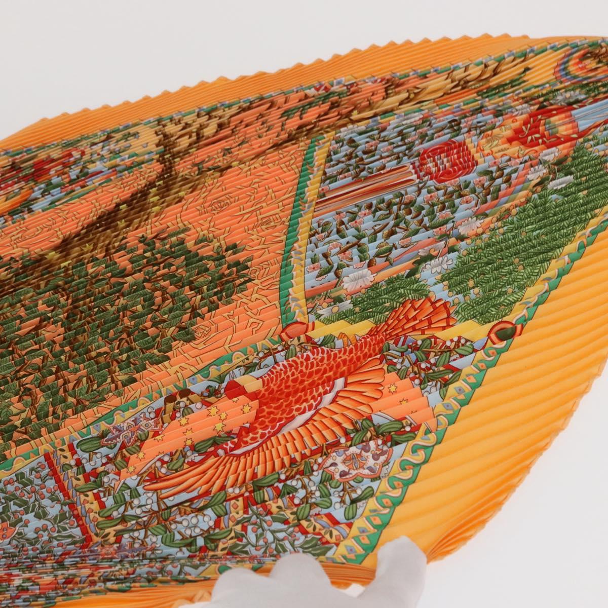 HERMES Pleated Carre 90 Scarf ""Axis Mundi"" Silk Orange Auth ep11993