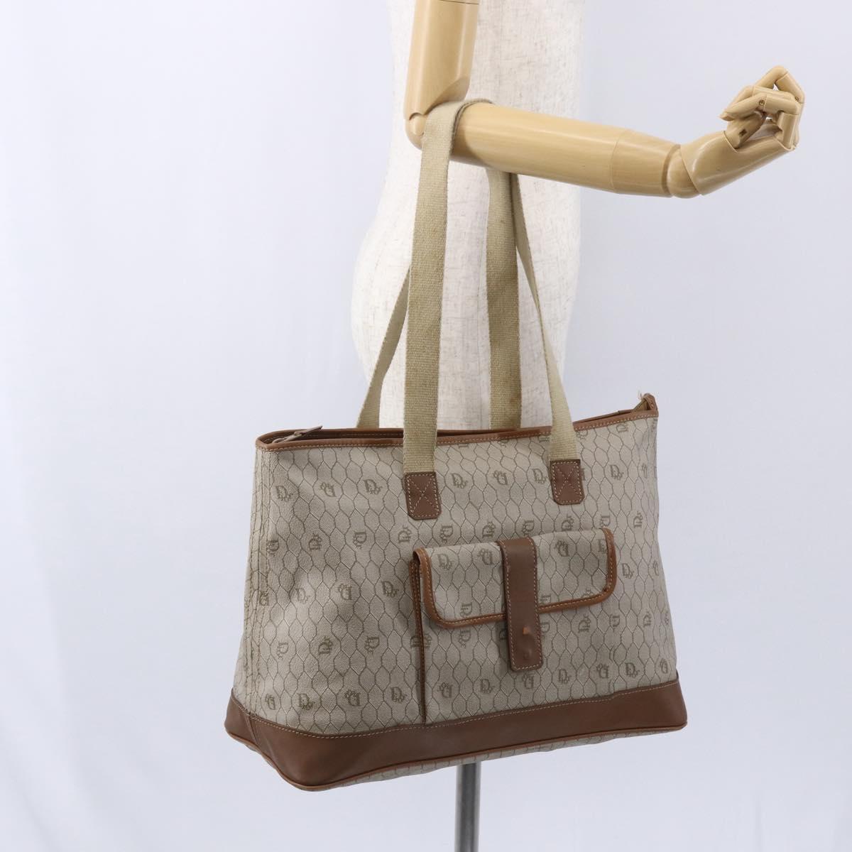 Christian Dior Honeycomb Canvas Tote Bag PVC Leather Beige Auth ep12001