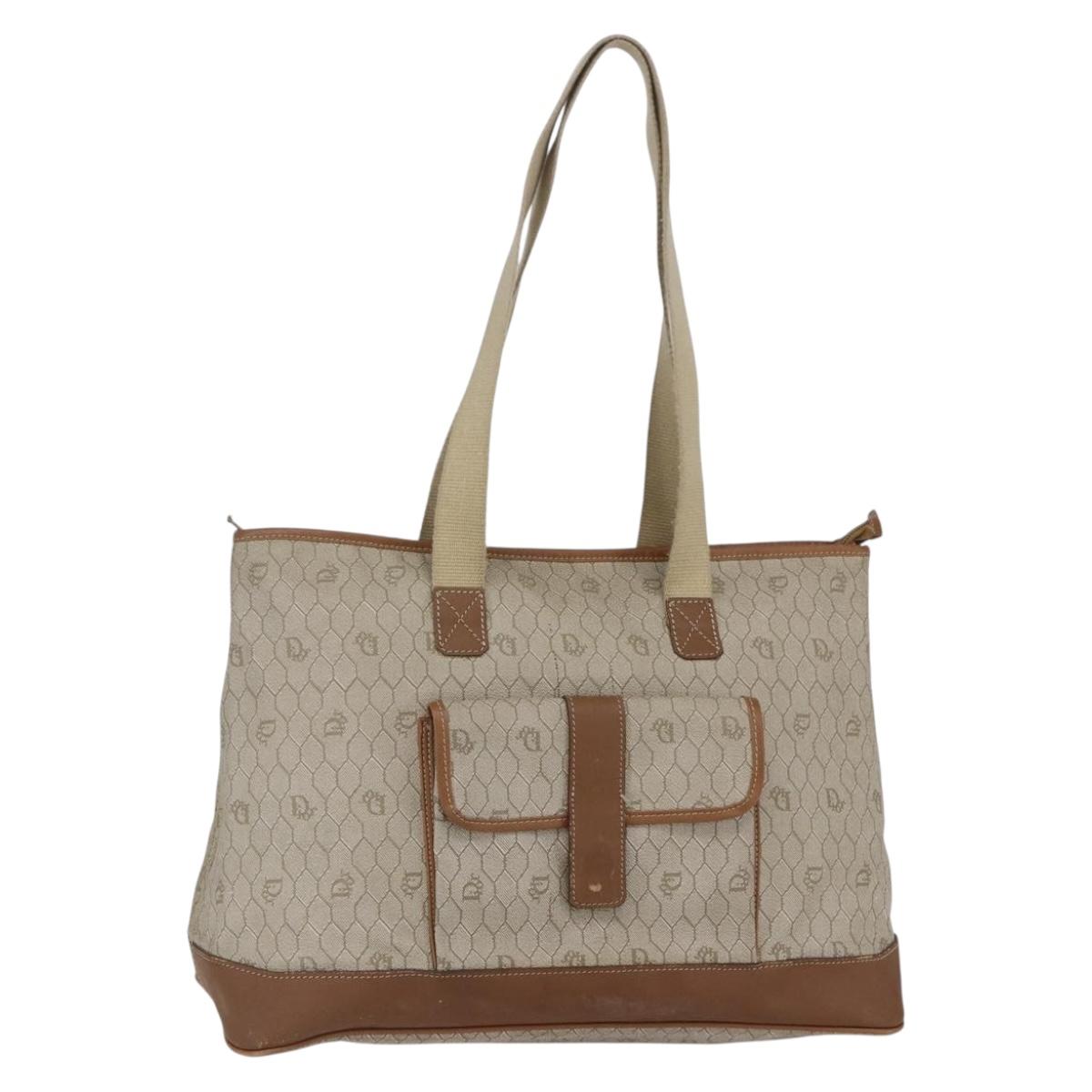 Christian Dior Honeycomb Canvas Tote Bag PVC Leather Beige Auth ep12002