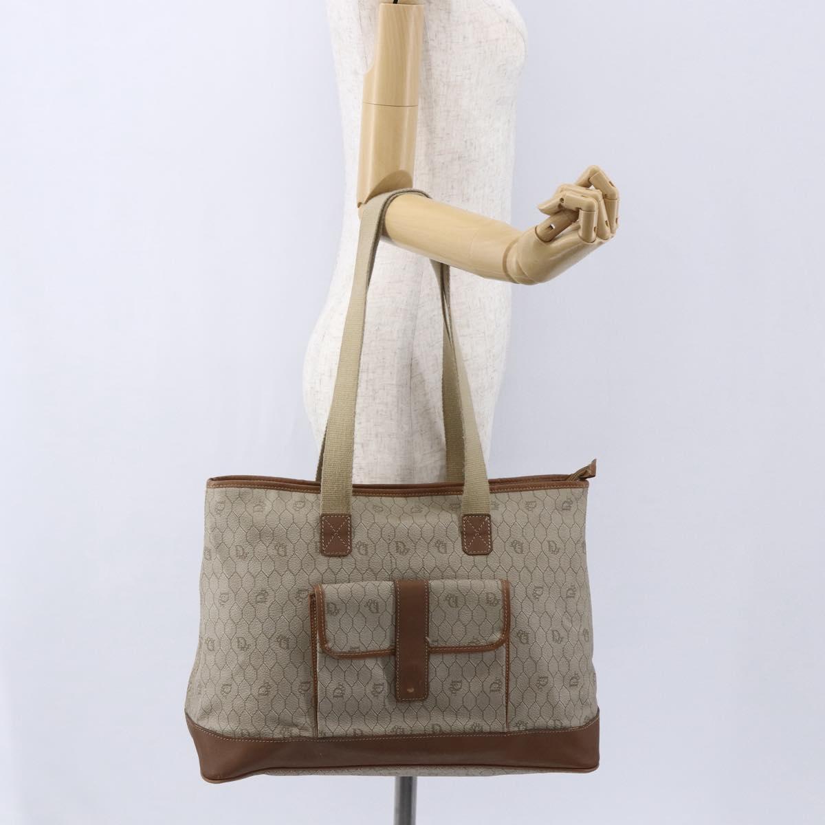 Christian Dior Honeycomb Canvas Tote Bag PVC Leather Beige Auth ep12002