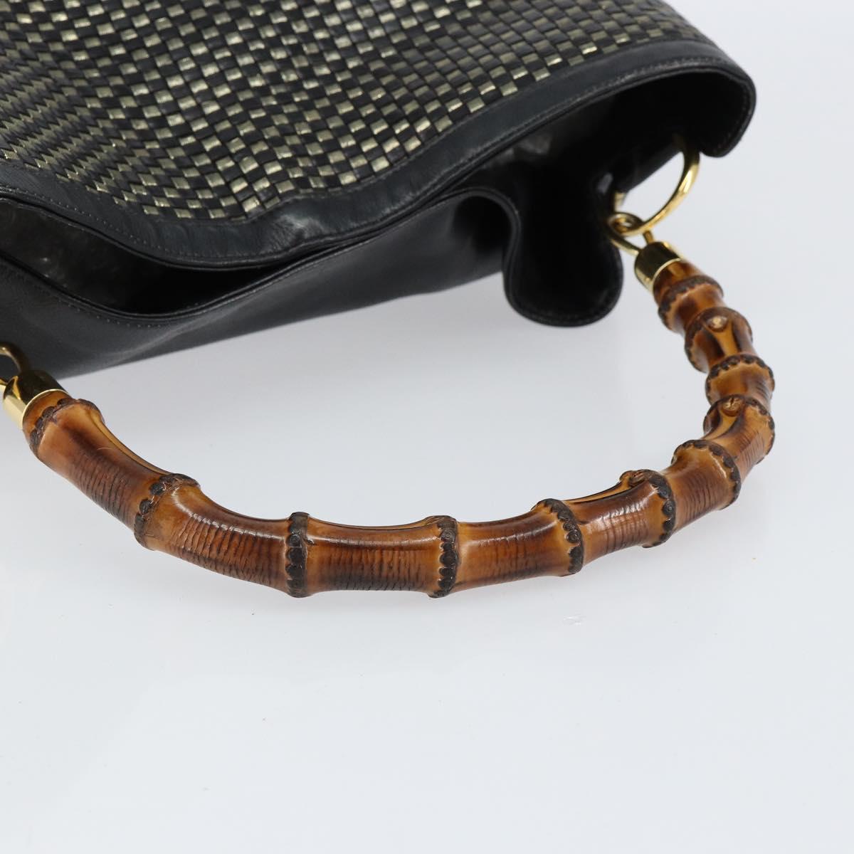 GUCCI Bamboo Shoulder Bag Leather Black Gold Auth ep12014