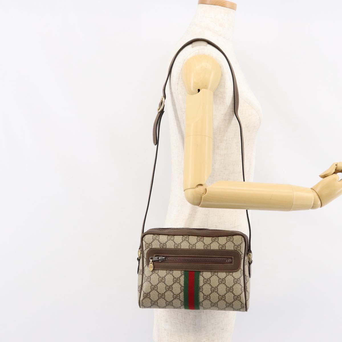 GUCCI GG Supreme Web Sherry Line Shoulder Bag PVC Beige Gold Auth ep12050