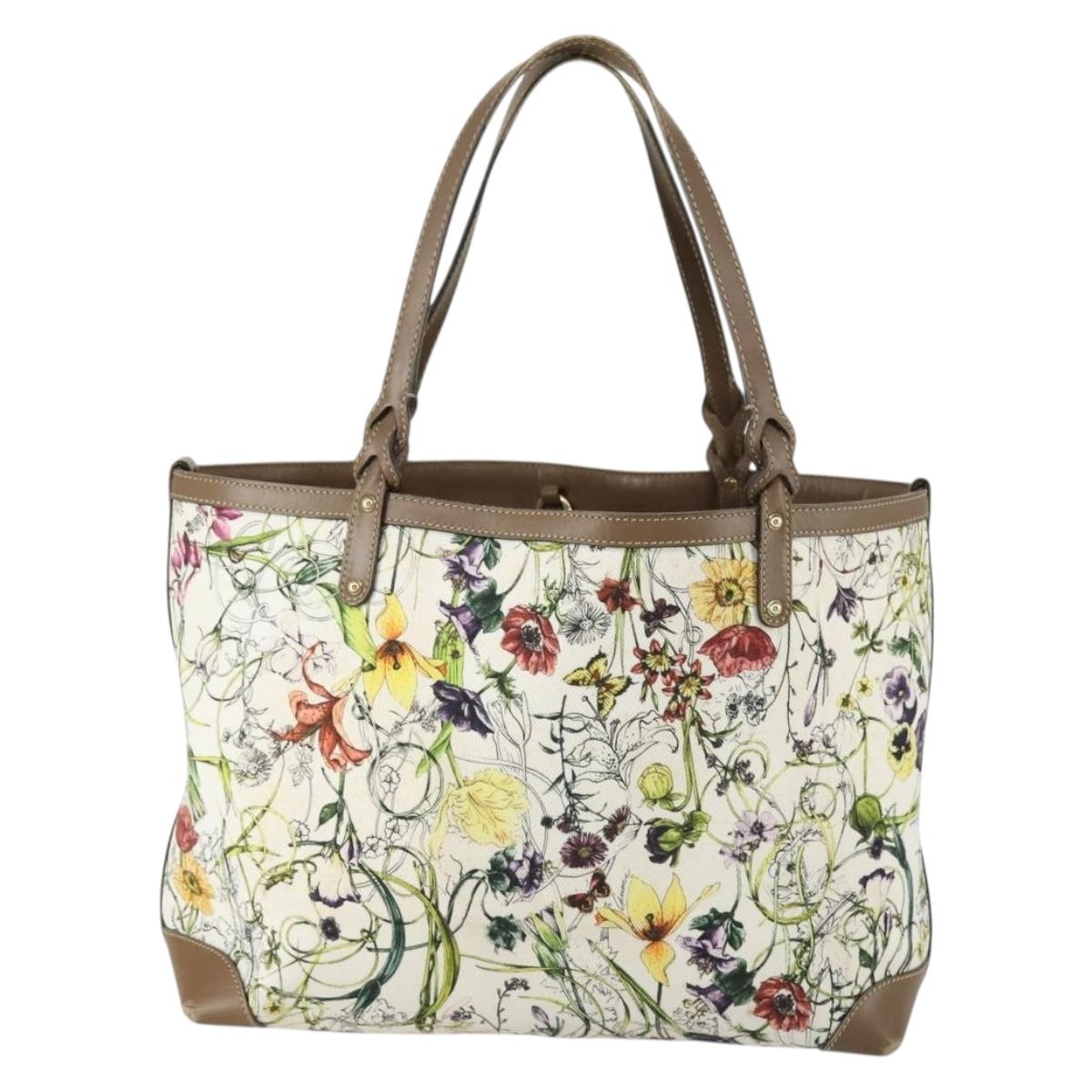 GUCCI Flora Tote Bag Canvas Leather White Gold 247209 Auth ep12057