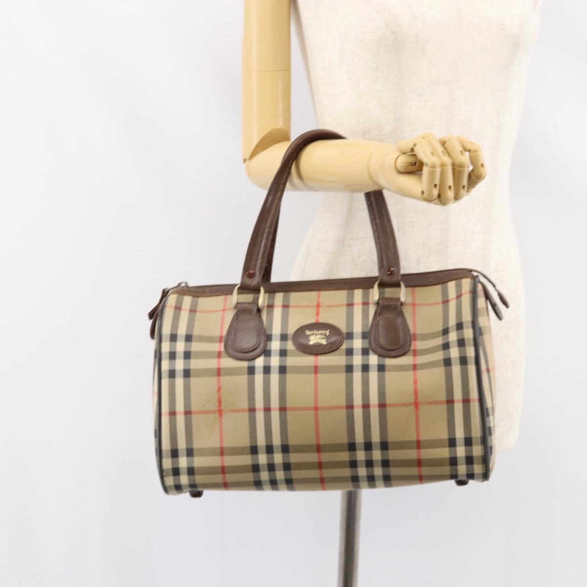 Burberrys Nova Check Boston Bag Canvas Beige Gold Auth ep12106