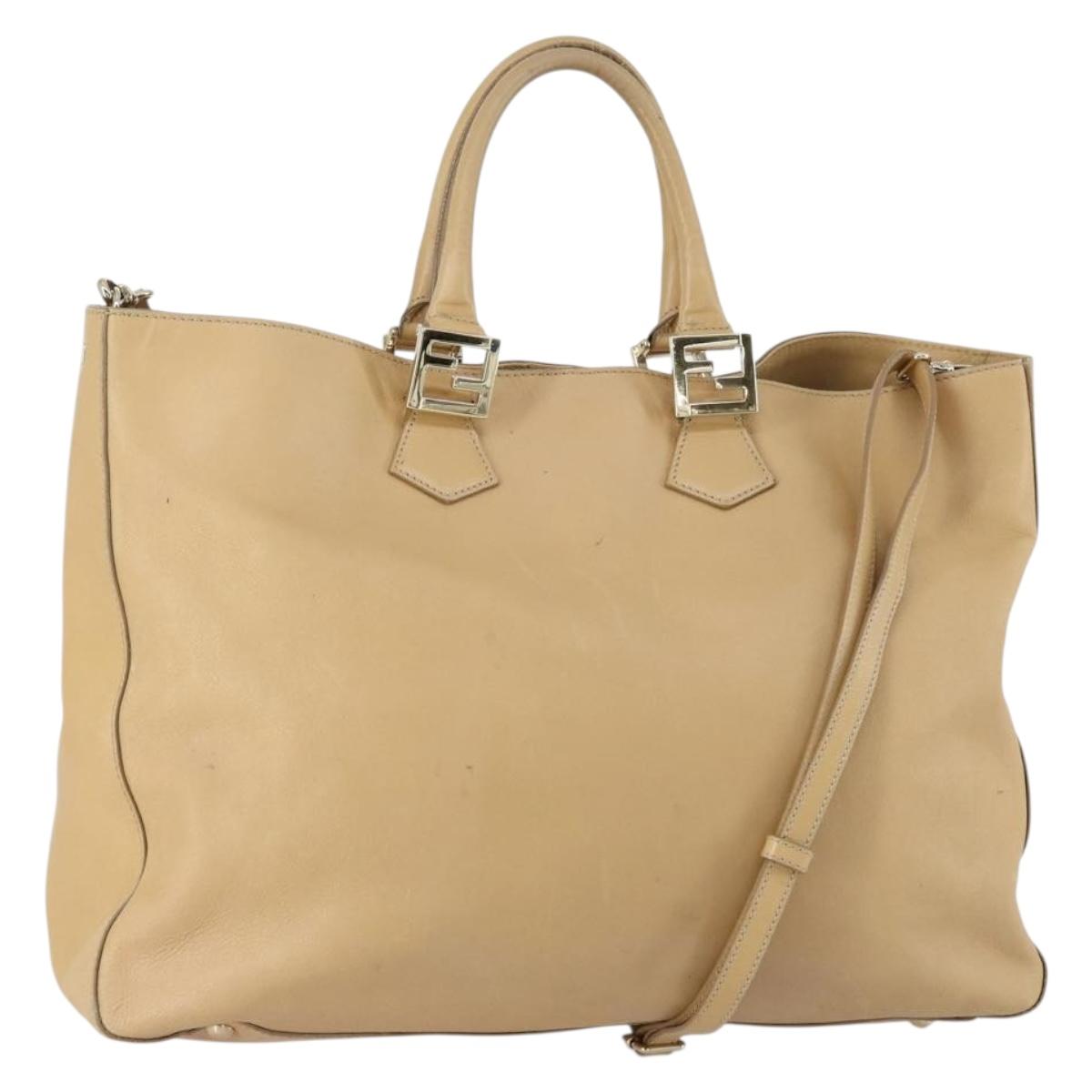 FENDI Tote Bag Leather 2way Beige Gold Auth ep12126