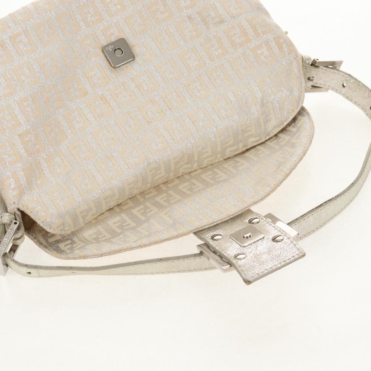 FENDI Zucchino Canvas Mamma Baguette Shoulder Bag Silver Auth ep12129V