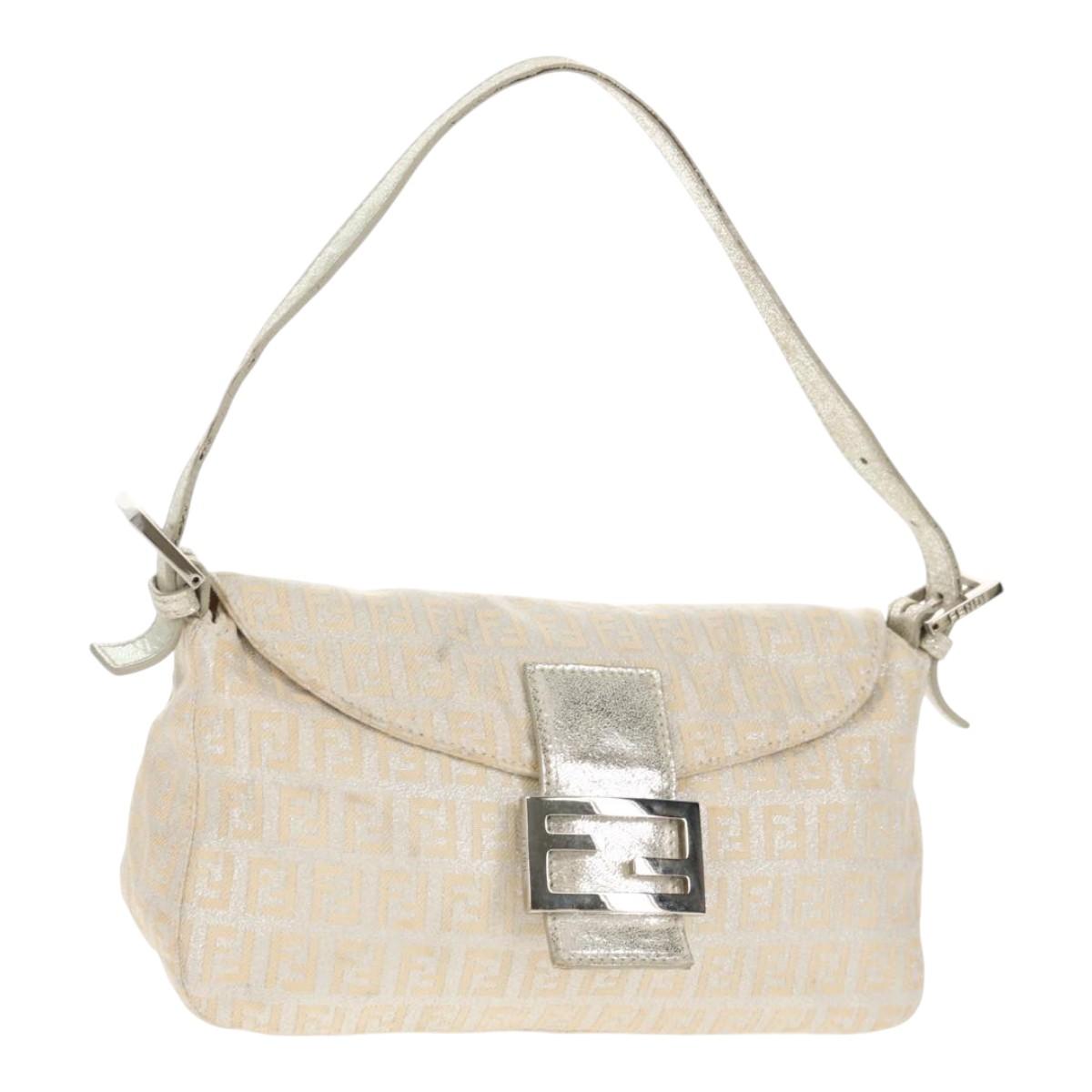 FENDI Zucchino Canvas Mamma Baguette Shoulder Bag Silver Auth ep12129V