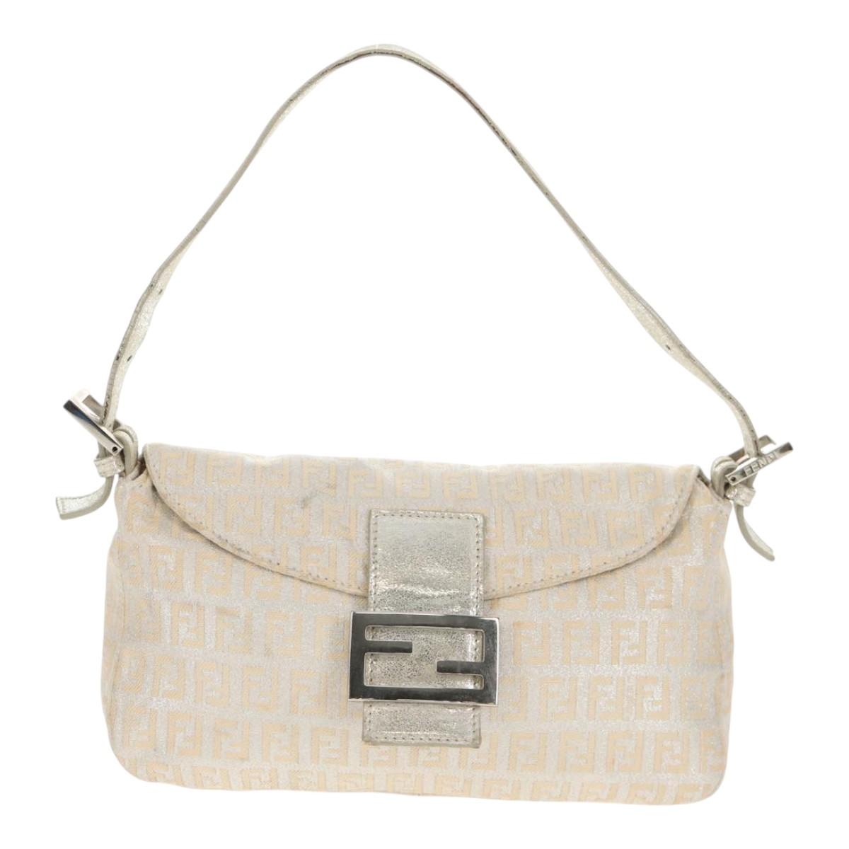 FENDI Zucchino Canvas Mamma Baguette Shoulder Bag Silver Auth ep12129V
