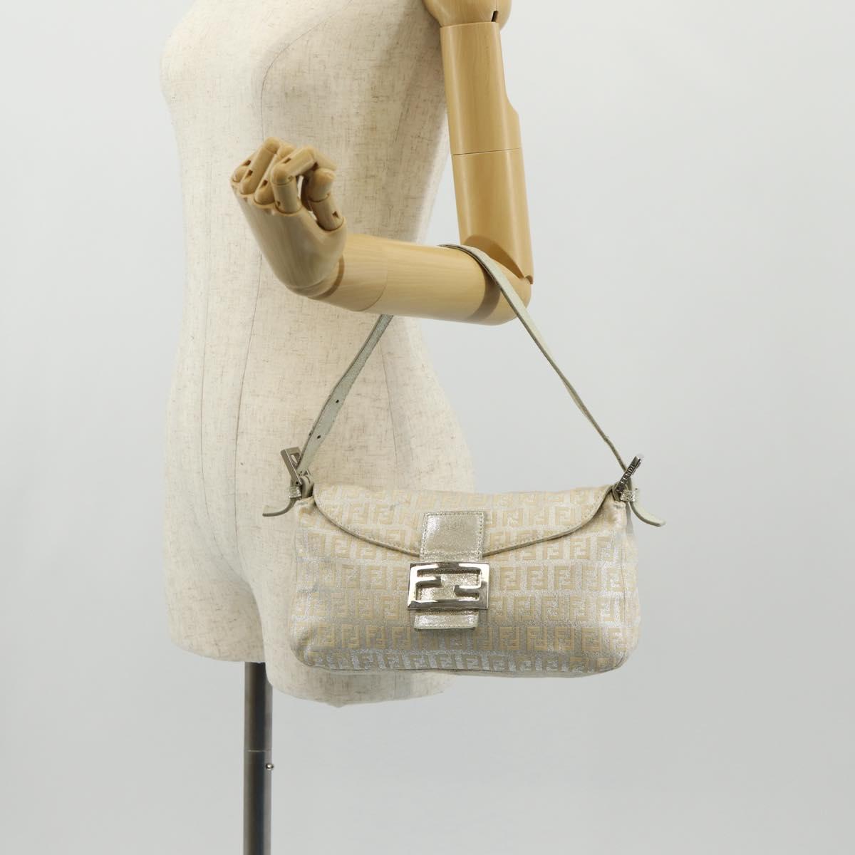 FENDI Zucchino Canvas Mamma Baguette Shoulder Bag Silver Auth ep12129V