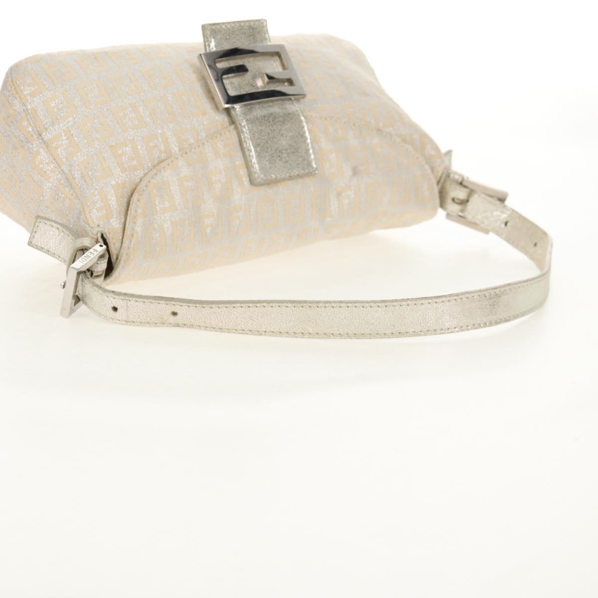 FENDI Zucchino Canvas Mamma Baguette Shoulder Bag Silver Auth ep12129V