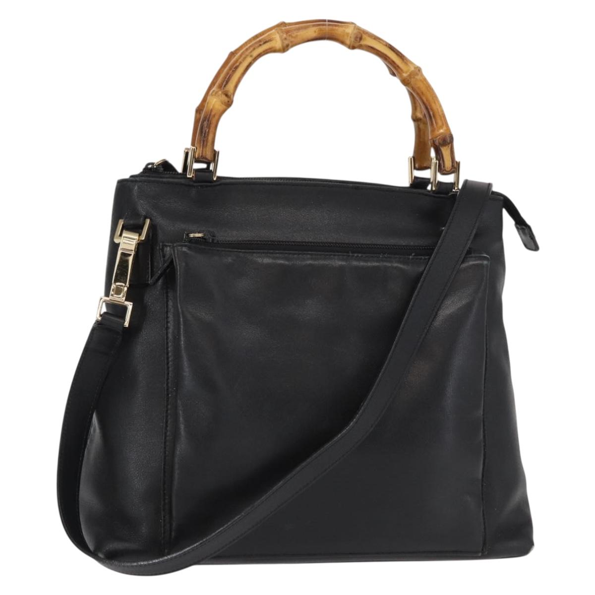 GUCCI Bamboo Hand Bag Leather 2way Black Gold 002 3754 0508 Auth ep12188
