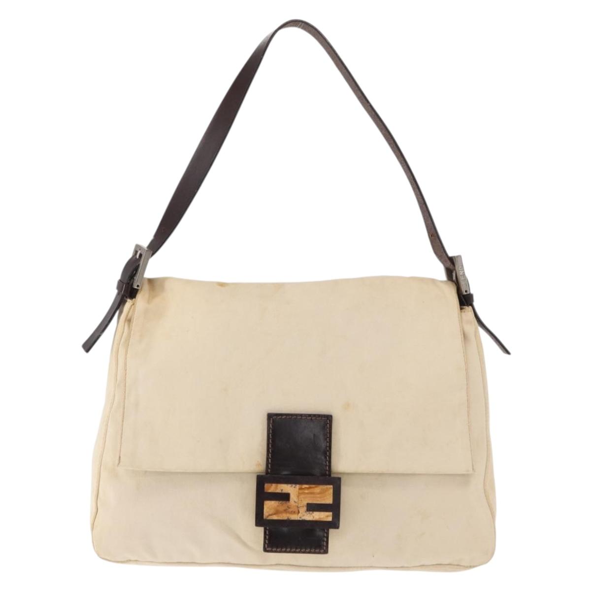 FENDI Mamma Baguette Shoulder Bag Canvas Beige Silver Auth ep12218