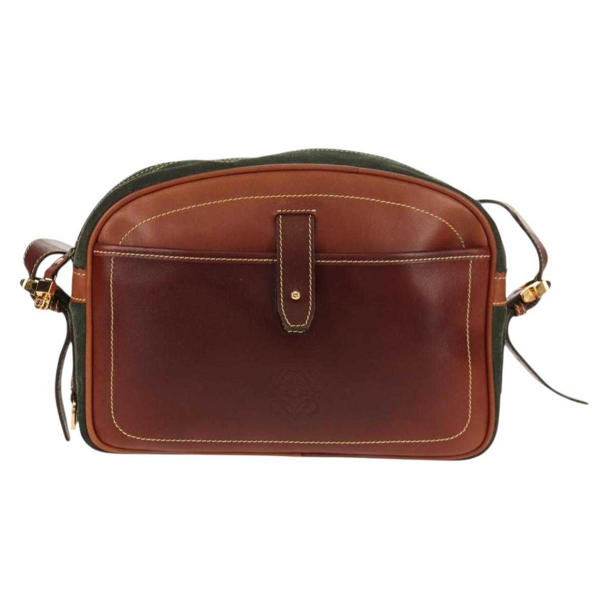 LOEWE Anagram Shoulder Bag Leather Suede Brown Gold Auth ep12235