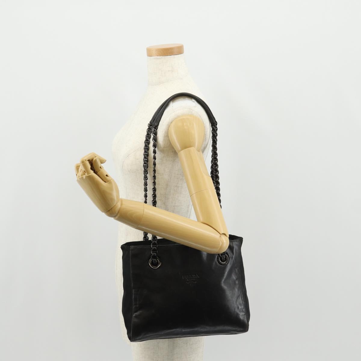 PRADA Chain Shoulder Bag Leather Nylon Black Auth ep12271