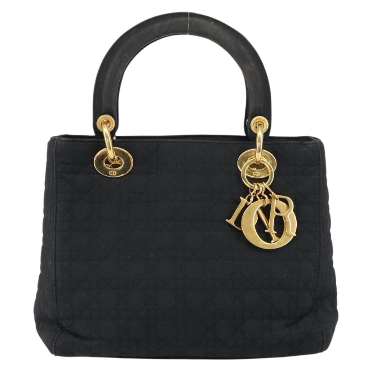 Christian Dior Lady Dior Canage Hand Bag Nylon Black Gold Auth ep12307