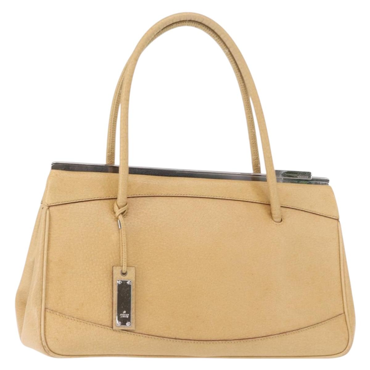 GUCCI Hand Bag Leather Beige Silver Auth ep12377
