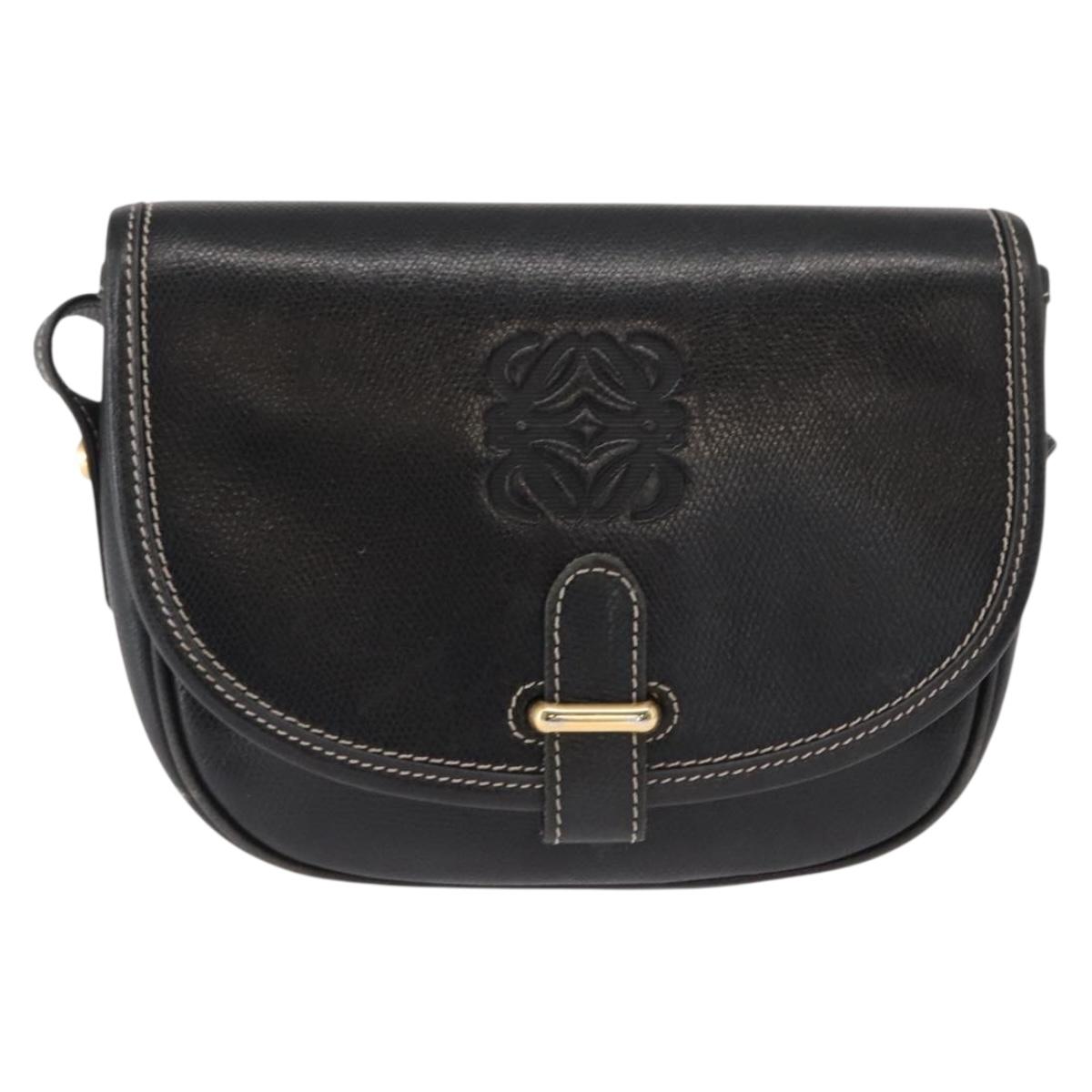 LOEWE Anagram Shoulder Bag Leather Black Gold Auth ep12382