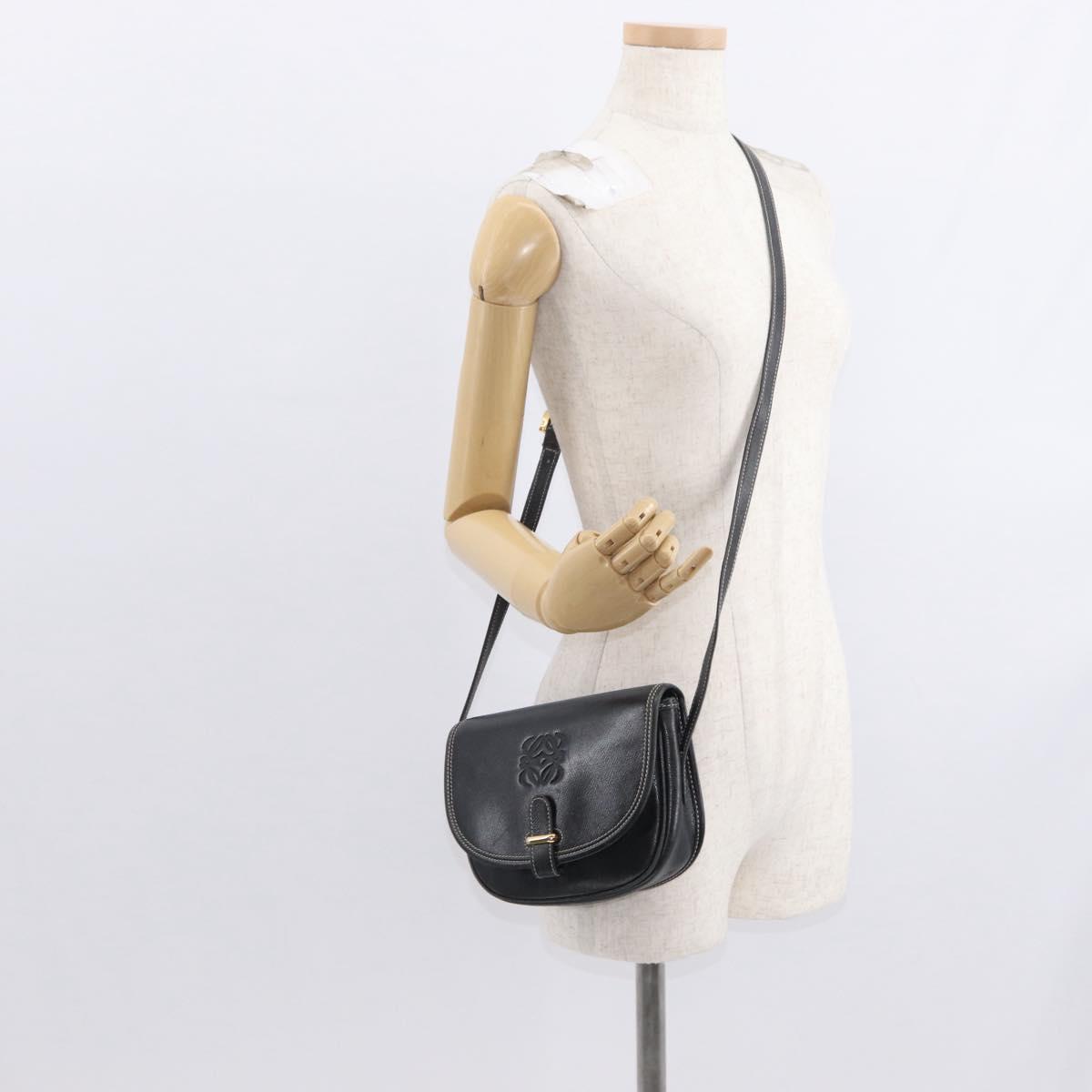 LOEWE Anagram Shoulder Bag Leather Black Gold Auth ep12382