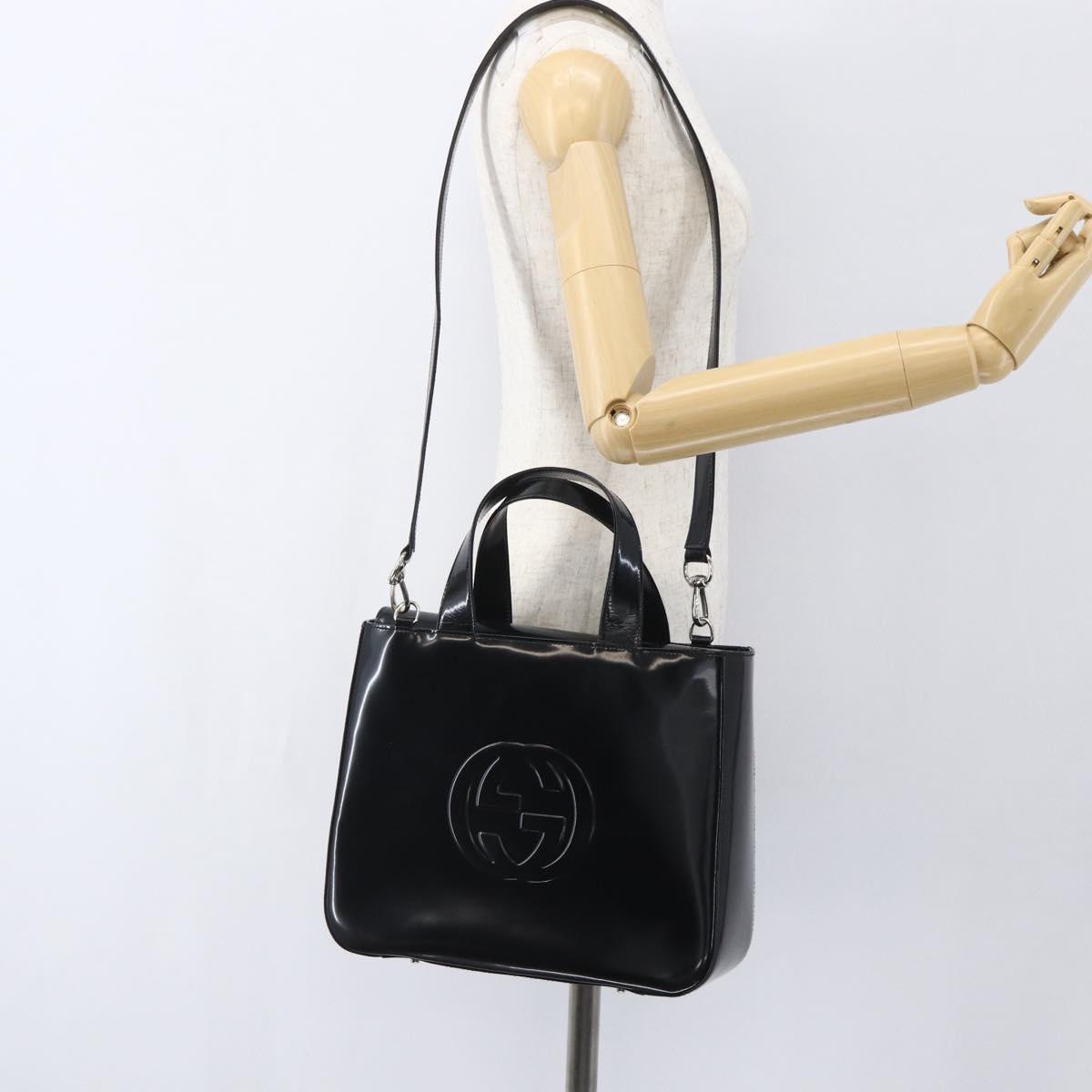 GUCCI Hand Bag Enamel 2way Black Silver 000 1013 0504 Auth ep12477