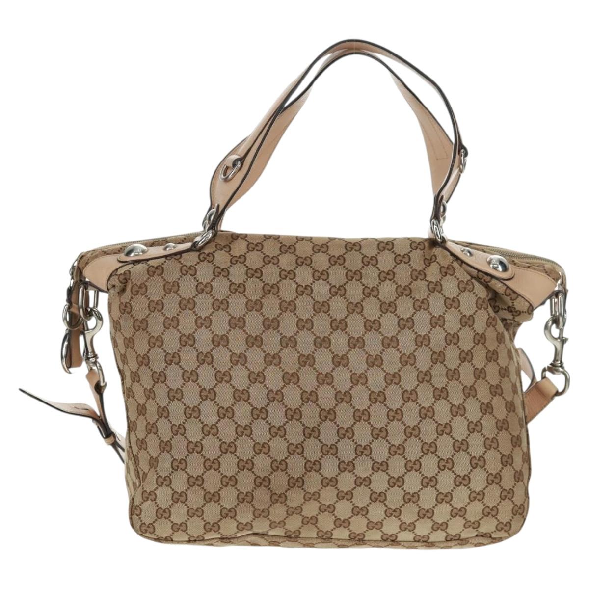 GUCCI GG Canvas Tote Bag 2way Beige Silver 232949 Auth ep12524