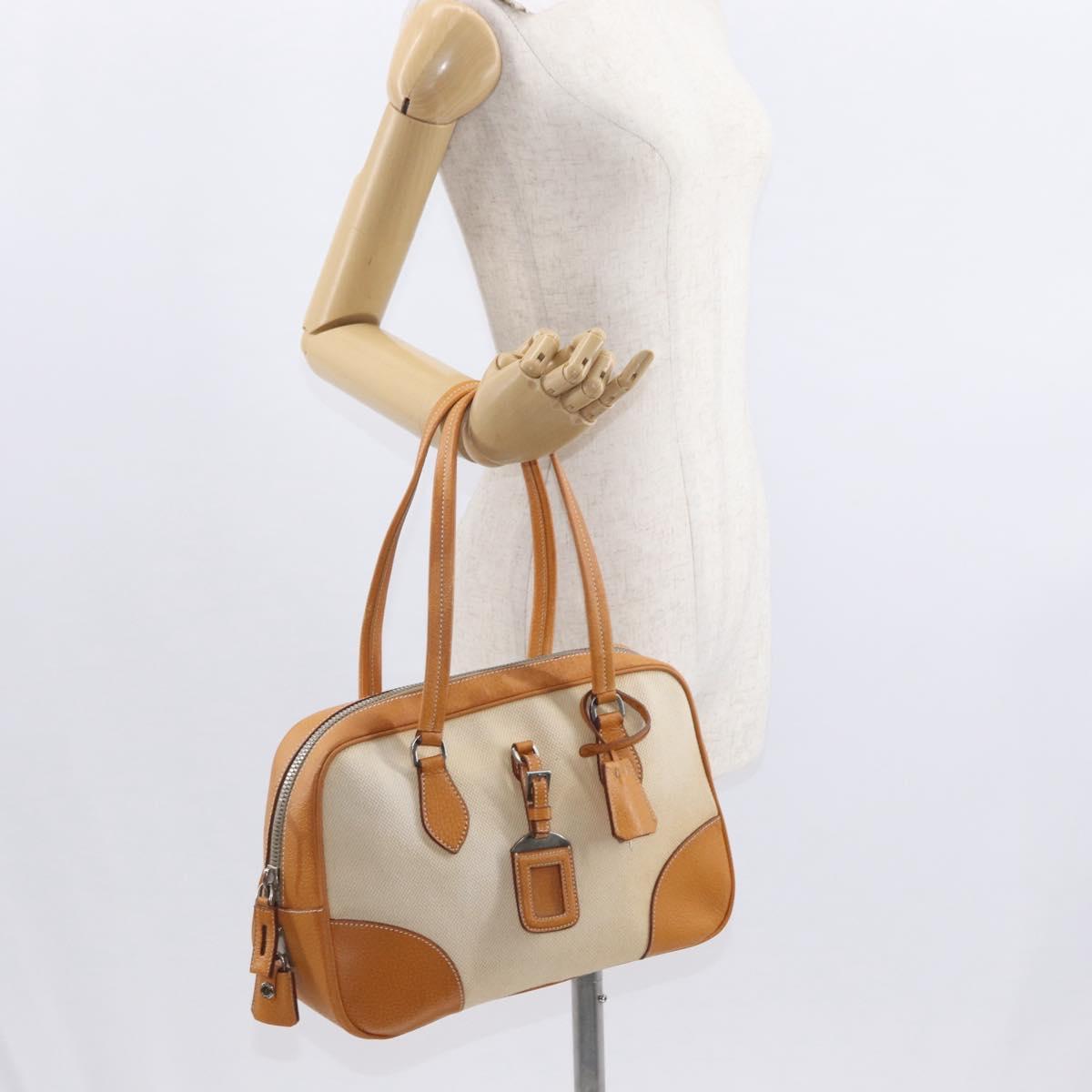 PRADA Boston Bag Canvas Beige Silver Auth ep12540