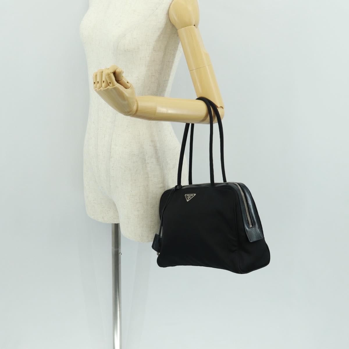 PRADA Hand Bag Nylon Leather Black Silver Auth ep12566