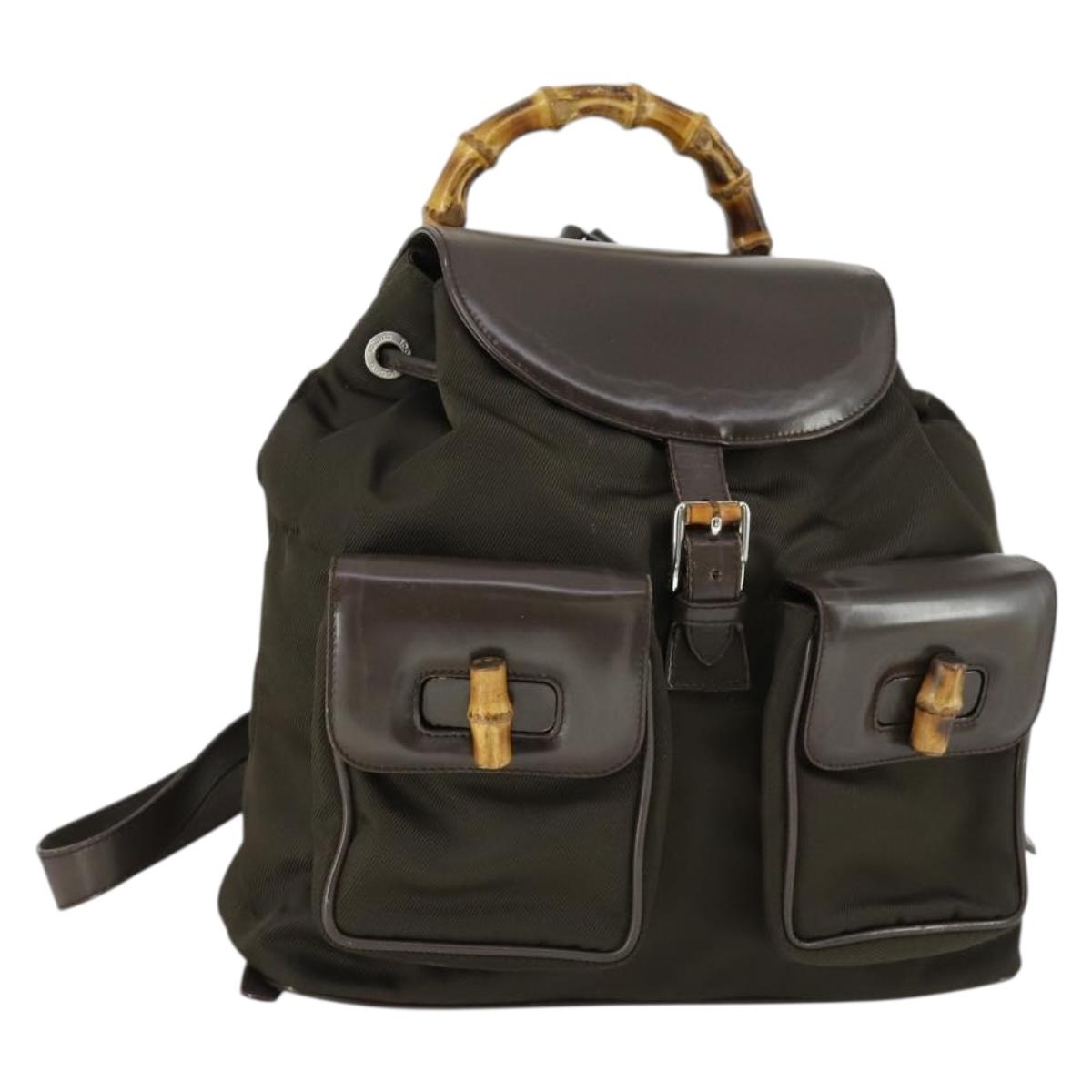 GUCCI Bamboo Backpack Nylon Dark Brown Silver 003 2058 0016 5 Auth ep12574
